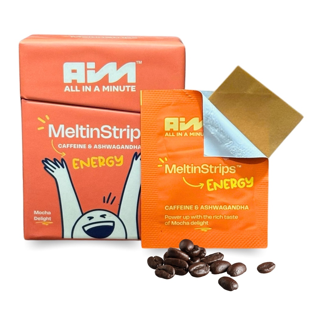 MeltinStrips ™ Energy Strips med 40 mg koffein, 20mg Ashwagandha & vitamin B12 Budd124; Instant Energy & Focus uden stød eller Crash Budd124; Works Hurtigere end kaffe Budd124; Mocha Flavor - 30 Strips
