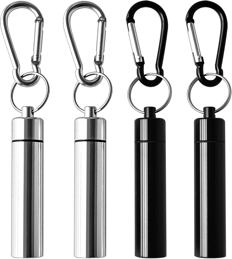 4 Pack Portable Pill Box Container Case Aluminum Alloy Keychain Pill Holder Vandtæt Metal Earplucks Toothpick Box til udendørs Camping Rejser (2Pcs Black + 2Pcs Sølv)