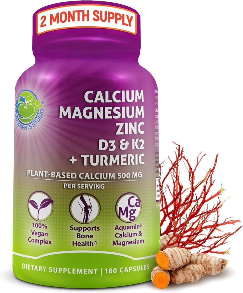 Plant- baseret Calcium 500mg (Aquamin) - Vegan Calcium Magnesium Zink D3 med vitamin K2 & Økologisk gurkemeje - Forbedret ben og muskel sundhed & styrke, immunforsvar for kvinder & mænd - 180 Greve
