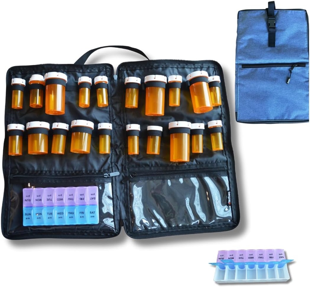 Rejse Medicine Bag - Medicin Rejsepose & Organizer - Sikker taske til medicin Rejser med Lockable Zippers - Rummelig Medicin opbevaring taske til receptioner, piller, og medicinske forsyninger, Blå