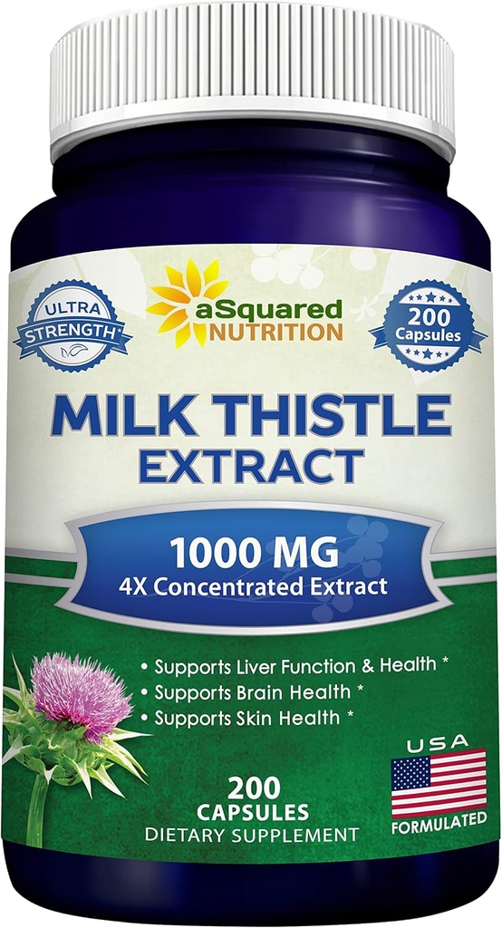 aSquared Nutrition Milk Thistle Supplement 1000mg- 200 Kapsler, Max Strength 4X koncentreret ekstrakt 4: 1 Mælk Thistle Seed Powder Herb Pills, 1000 mg Silymarin ekstrakt til leverstøtte, Rense, Detox