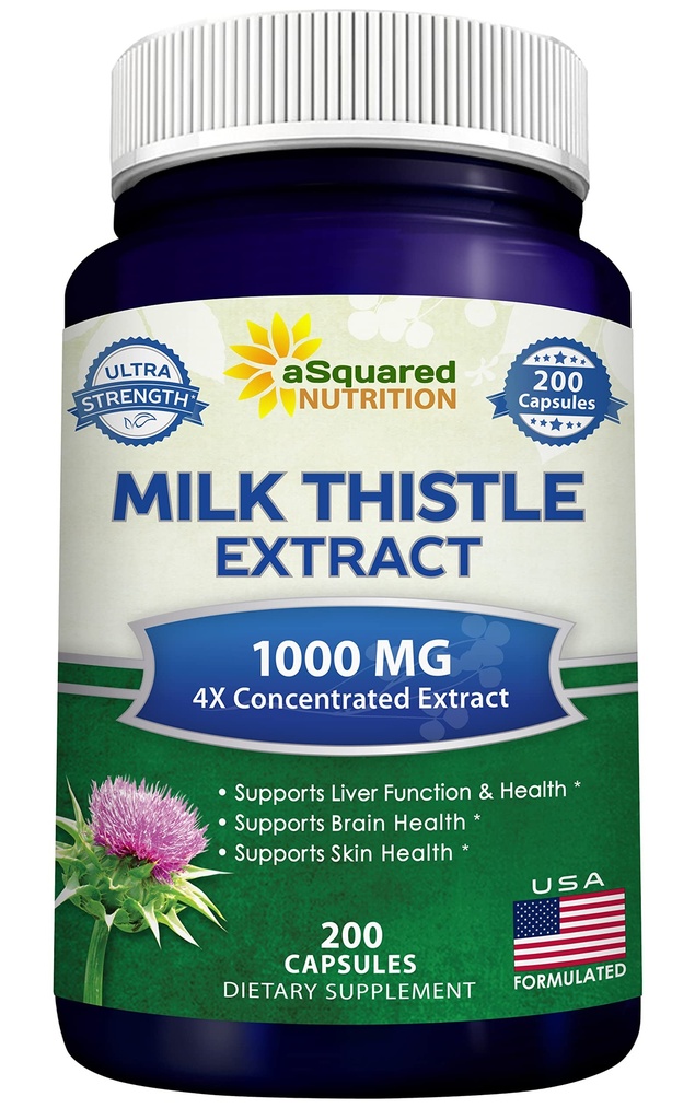 aSquared Nutrition Milk Thistle Supplement 1000mg- 200 Kapsler, Max Strength 4X koncentreret ekstrakt 4: 1 Mælk Thistle Seed Powder Herb Pills, 1000 mg Silymarin ekstrakt til leverstøtte, Rense, Detox
