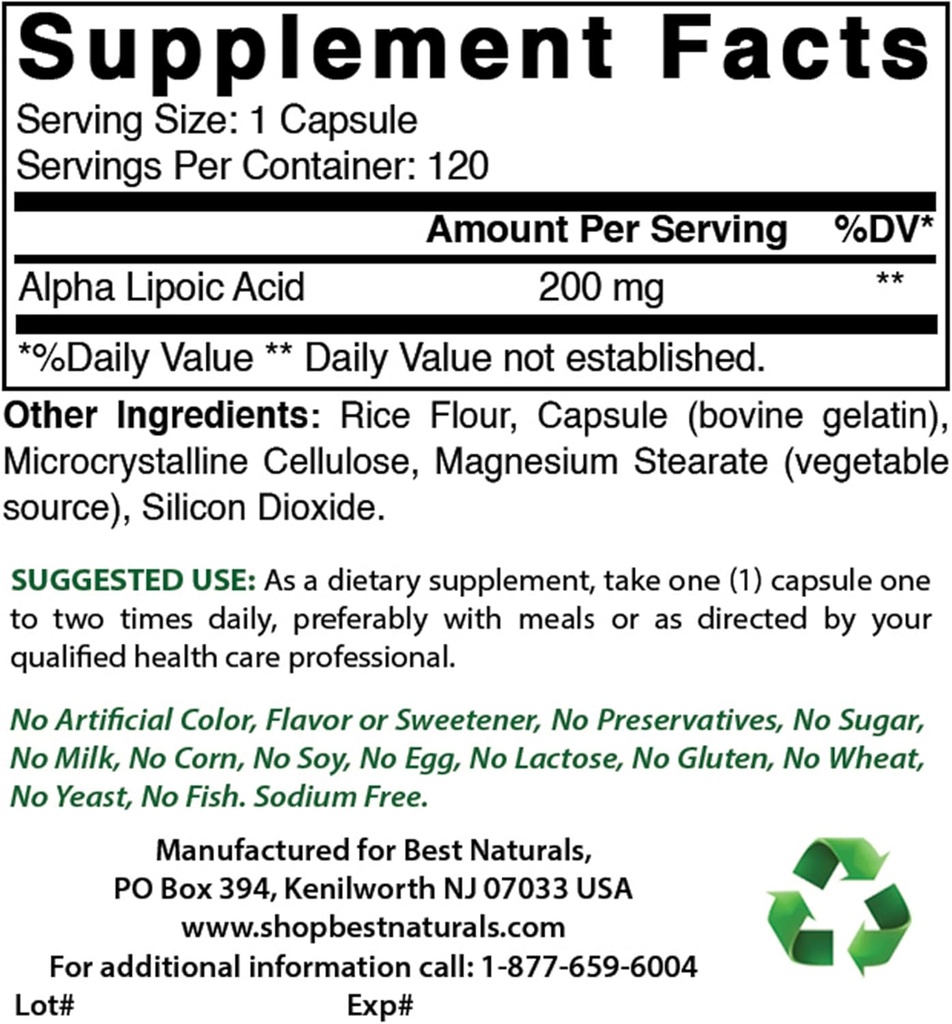 Bedste Naturals Alpha Lipoic Acid 200 Mg & Acetyl L- Carnitin 500 Mg