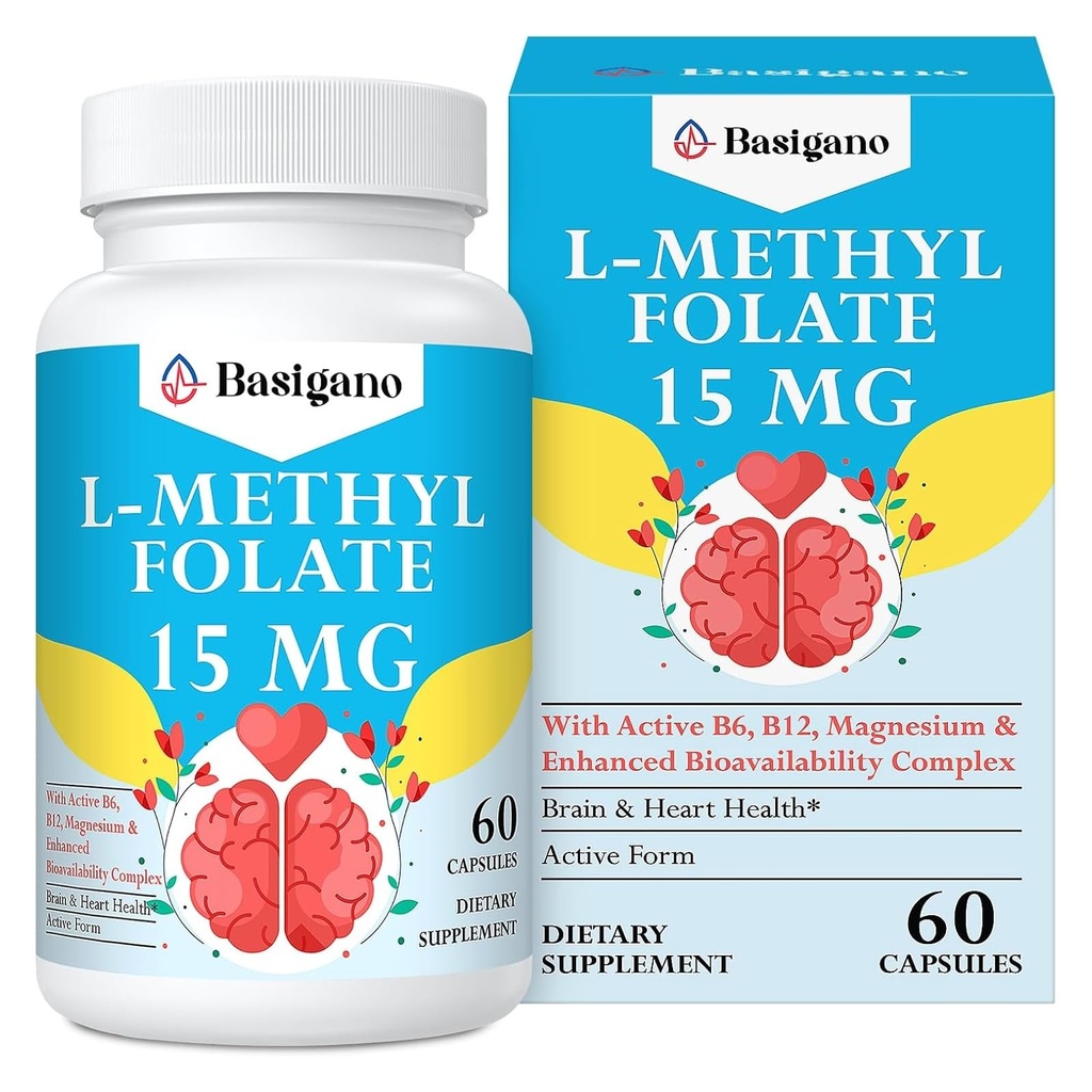 15mg L Methylfolat (5- MTHF) - Aktiv folinsyre - Beriget med vitaminer B6 og B12- 60 Vegetarkapsler - Ikke-GMO, Gluten- fri