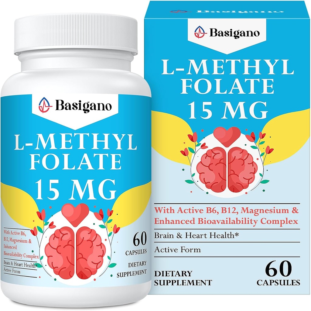 15mg L Methylfolate (5-MTHF)- Active Folic Acid-Enriched with Vitamins B6 and B12-60 Vegetarian Capsules - Non-GMO, Gluten-Free