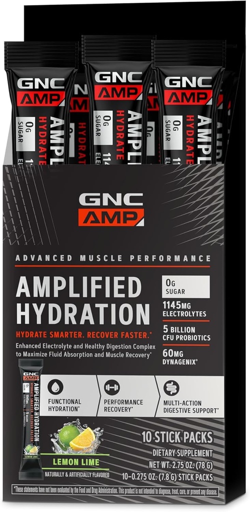 GNC AMP Amplified Hydration Electrolyte Powder Drink Mix 124; Enhanced Electrolyte & Sund fordøjelse Complex