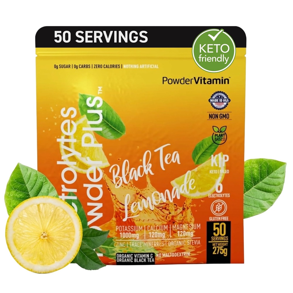 Elektrolyter Powder Plus (50 Servere) Black Tea Lemonade Electrolyte Powder Zero Calorie Keto, 0 Sugar, No Maltodextrin, 1000mg Kalium, 120mg Calcium, 120mg Magnesium, Hydrationspulver