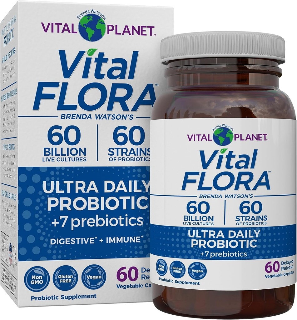 Vital Planet - Vital Flora Ultra Daglig Probiotisk 60 Millioner CFU, Diverse Strops, Organic Prebiotics, Immunity Support, Bloating Relief, fordøjelsesprobiotika for kvinder og mænd 60 Kapsler