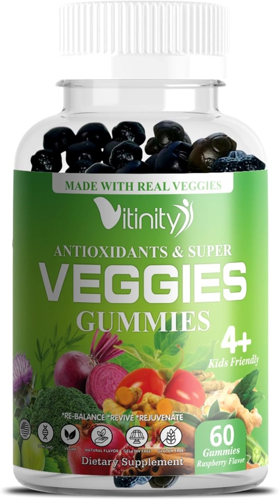 VITINITY Made with Real Super Veggies Delicious Gummy Supplement, Mænd, Kvinder & Børn (60 Chews), 30 Veggies, Urter, Frugt og Grøntsager Vitaminer, Non- GMO, Pectin- baseret, Gluten- Free, No More Pills (30 Day Supply)