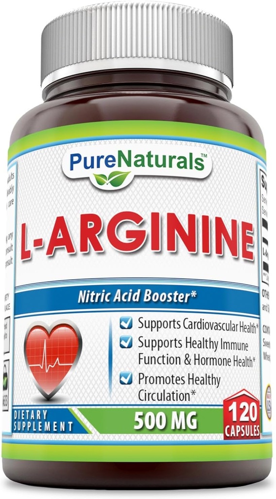 Pure Naturals L- Arginin 500 Mg kapsler, Understøtter kardiovaskulær sundhed, Understøtter sund immunfunktion & Hormone sundhed, fremmer sund cirkulation (120)