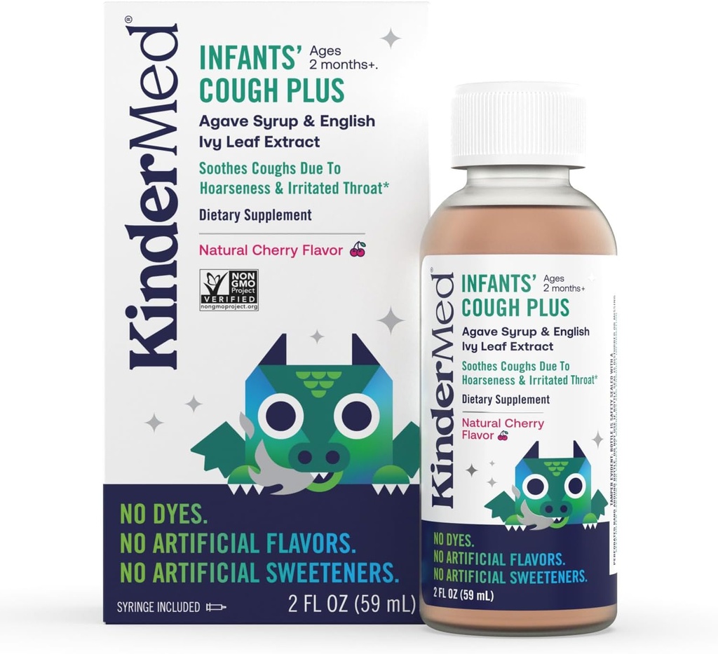 KinderMed Infants 'Daytime Cough Plus, Organic Agave Syrup og English Ivy Leaf Extract, No Fars, No Kunstig Articulations or Sweeteners, Non- GMO, for Babies 2 Months +, Natural Cherry Flavor (2 Fl Oz)