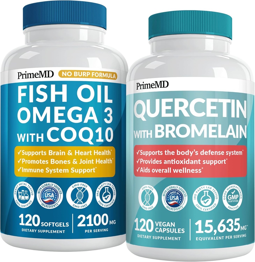 4-in-1 Fish Oil Omega 3 Kosttilskud (2100mg) - Omega 3 Fiskeolie med vitaminer D3 & K2 og CoQ10 & 28- in-1 Quercetin med bromelain Supplement til daglig immunforsvar Support (120ct)
