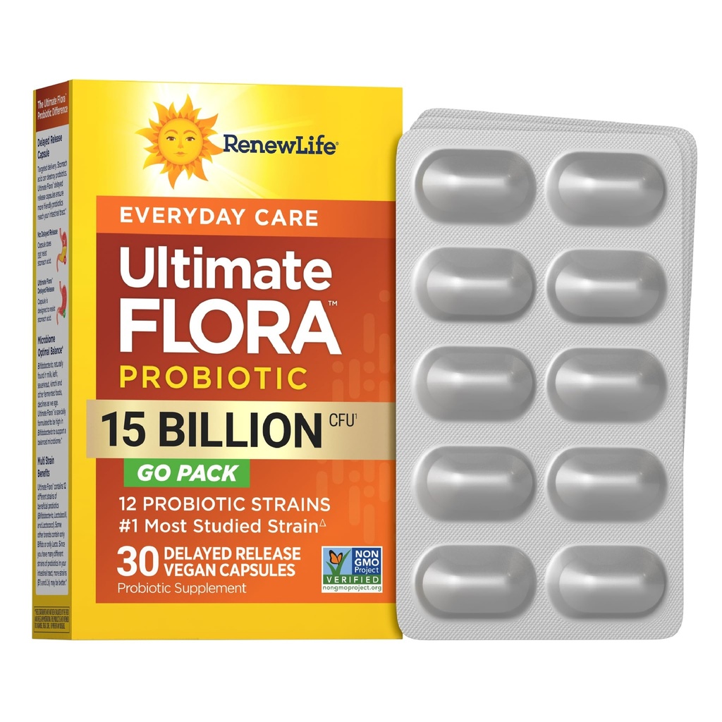 Renew Life Everyday Go- Pack Probiotiske kapsler, Daily Supplement Understøtter urinære, fordøjelses- og immunsundhed, L. Rhamnosus GG, Dairy, Soy og gluten- fri, 15 milliarder CFU, 30 Greve