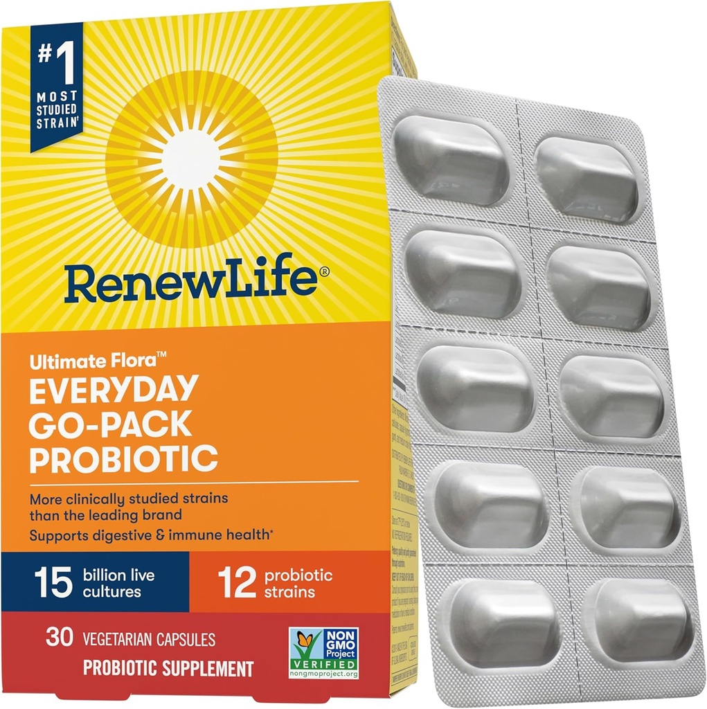 Renew Life Everyday Go-Pack Probiotic Capsules, Daily Supplement Supports Urinary, Digestive and Immune Health, L. Rhamnosus GG, Dairy, Soy and gluten-free, 15 Billion CFU, 30 Count