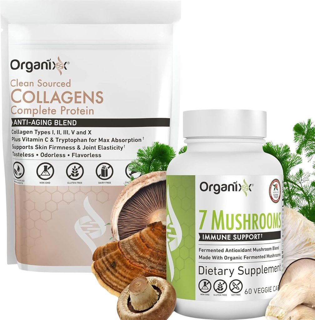Organixx Clean Sourced Collagen Powder, Unflavored, 20 Servings & Organic Mushroom Supplement (60 Vegetarian Capsule)