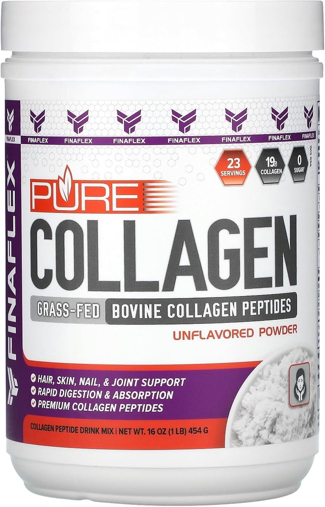 FINAFLEX Pure Collagen, Unflavored - 1 lb - Supports Hair, Skin, Nails & Joints - 19g of Grass-Fed Bovine Collagen Peptides Per Serving - 23 Servings