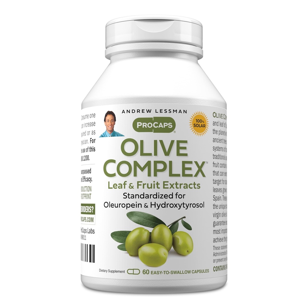 ANDREW LESSMAN Olive Complex - 60 kapsler - blade og frugt ekstrakter. Standardiseret for Oleuropein og Hydroxytyrosol til at understøtte kardiovaskulær og immunforsvar. Lille let at synke kapsler
