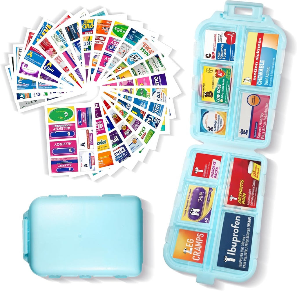 Pill Organizer med Medicine Labels 161 Labels Travel Daily Pill Container Mini Medication Organizer Storage Pill Organizer Travel Essentials Pill Case 7 Dag (blå, 1 pakke)