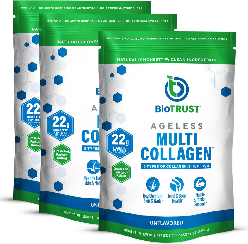 BioTrust Agured Multi Collagen Peptider Powder - 5 Typer (I, II, III, V, X) - Unflavored Collagen Powder til kvinder & mænd - Hydrolyzed Protein - Grass Fed Beef, Fish, Chicken, Eggshell Membrane, 3- pk