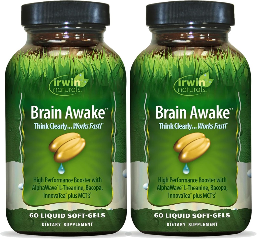 Irwin Naturals Brain Awake - 60 Liquid Softgels, Pack of 2 - Forbedret mental ydeevne, Øget fokus, Klarhed & Koncentration - Nootrop Booster med L- Theanin, Bacopa, MCT