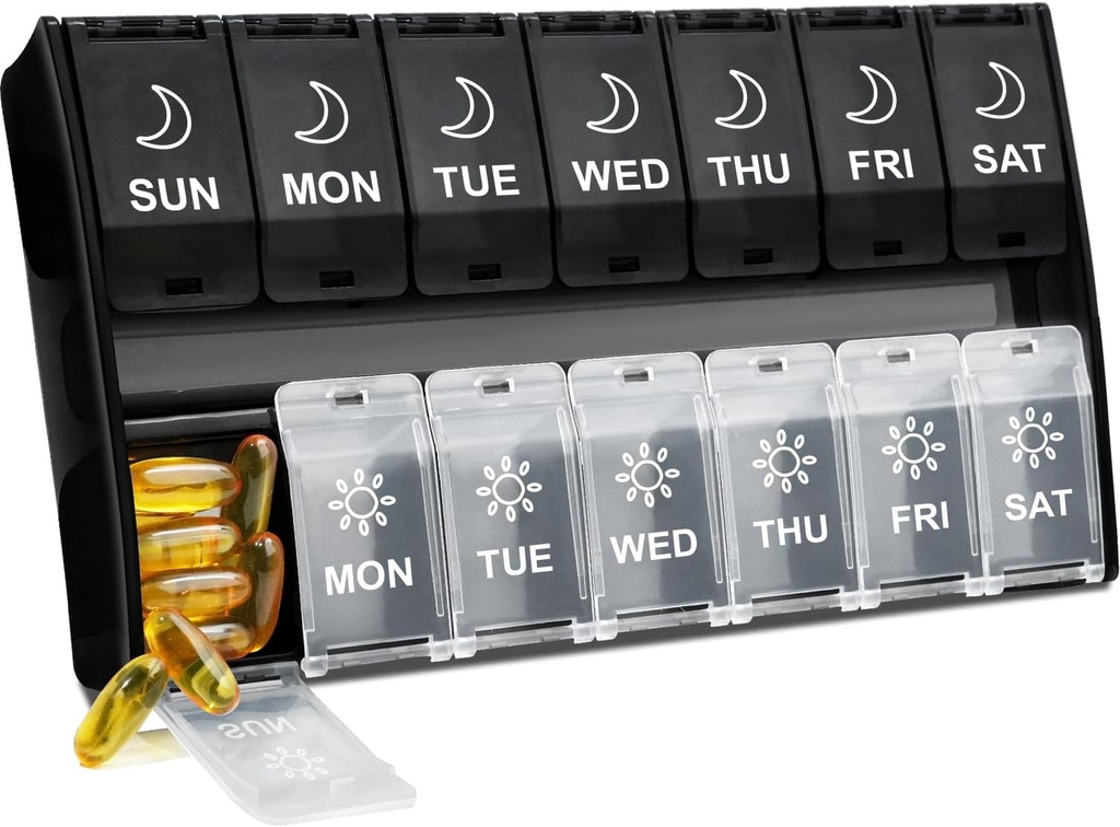 XL Stor Pill Organizer 2 gange om dagen, Ugentlig Am Pm Pill Box med hængslede låg, 7 dages medicin Vitamin Pill Case, Daily Pill Container, Big Medication Organizer for Supplement