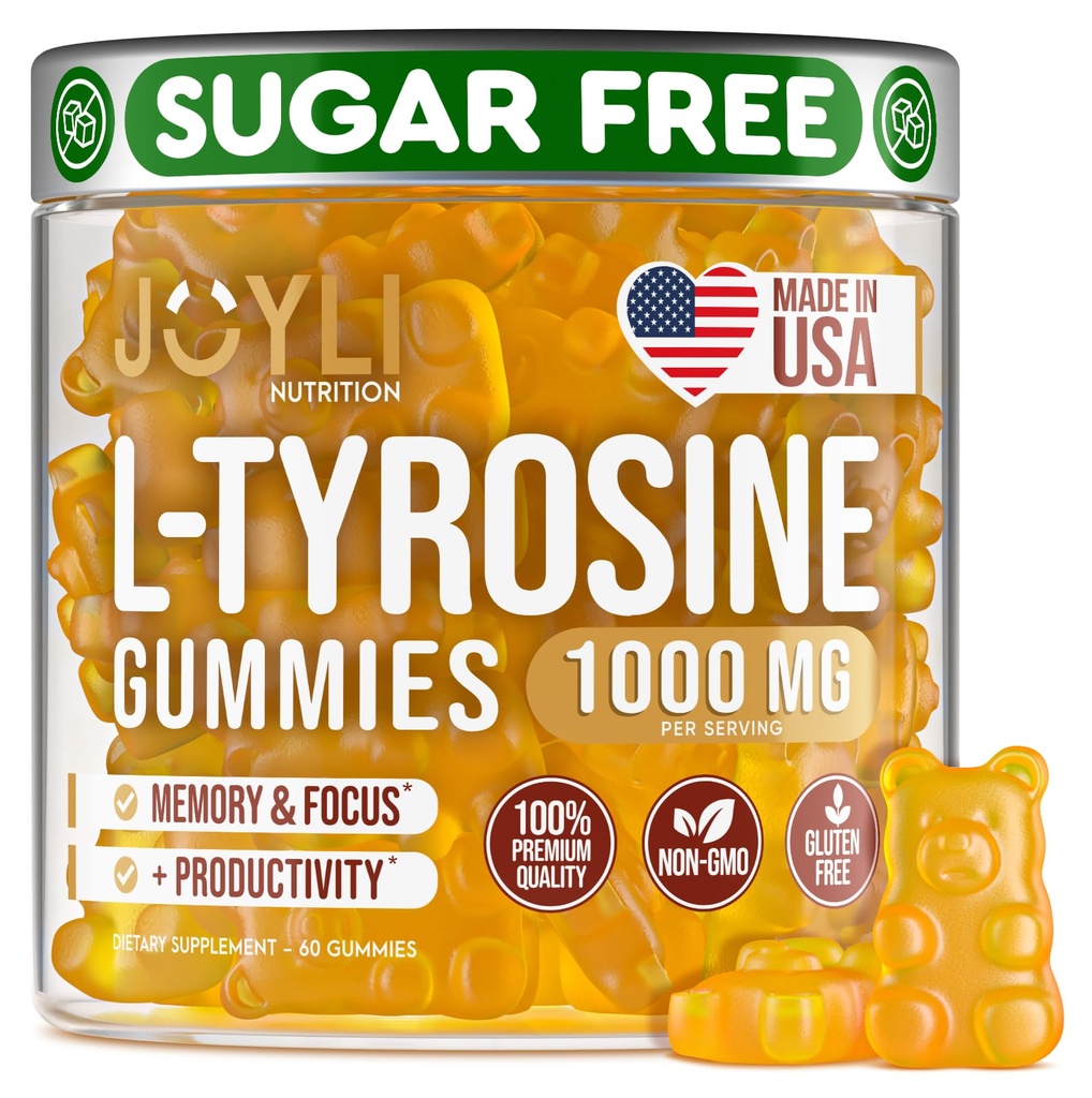 Joyli L Tyrosine Gummies 1000MG - L- Tyrosine Supplement for børn og voksne - Rolig & Focus Gummies for Brain, Memory, Mood, og Energy - 500mg L- Tyrosine Powder per Gummy - Vegan, Gluten- Free