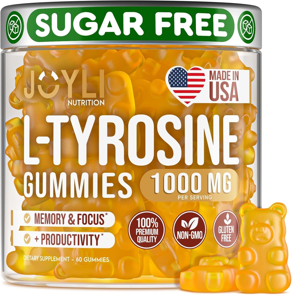 Joyli L Tyrosine Gummies 1000MG - L-Tyrosine Supplement for Kids & Adults - Calm & Focus Gummies for Brain, Memory, Mood, and Energy - 500mg L- Tyrosine Powder per Gummy - Vegan, Gluten-Free