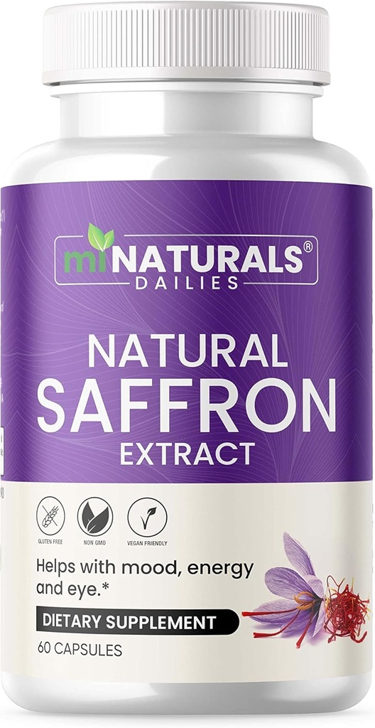 Naturlige safran kosttilskud - Pure Premium Extract kapsler - Mood Support - Eye Support - Energy - Made in USA - 88,50 mg - 60 piller - Optimeret - Pastillas de Azafran