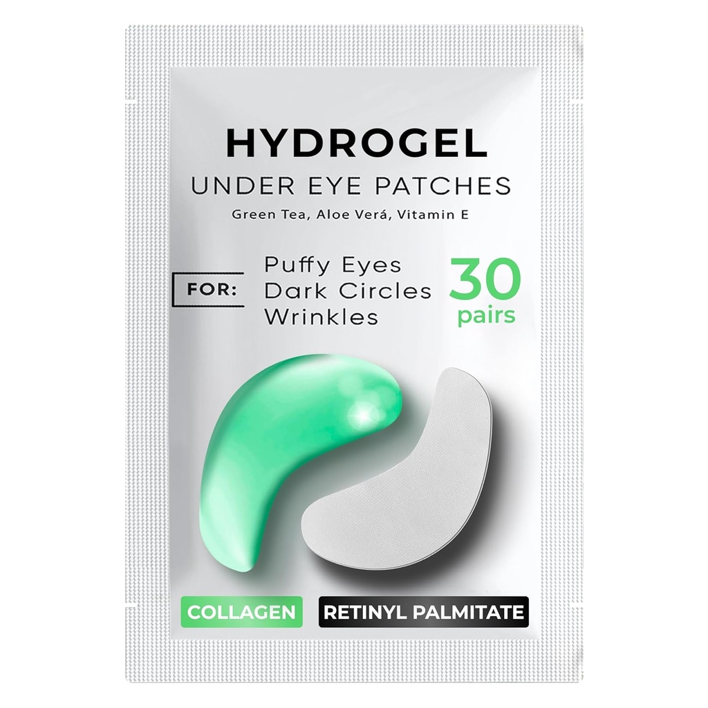 Under Eye Patches for mørke cirkler, Puffiness 30 PASSER - Mørke cirkler under øjenbehandling - Under Eye Mask Gel - Under Eye Gel Patches for Puffy Eyes - Grøn te, Collagen Eye Patches - Under Eye Pads