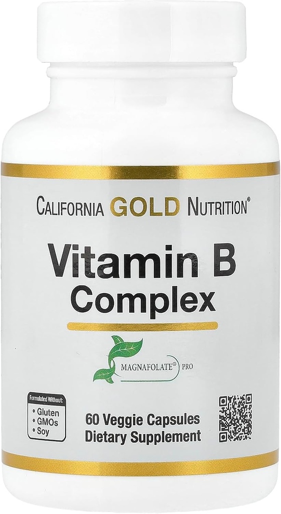California Gold Nutrition Vitamin B Complex, Thiamin B1, Riboflavin B2, Niacin B3, Pyridoxin B6, Biotin B7, Pantothenic Acid B5 og Pro Folate B9, Gluten Free, Non GMO, 60 Veggie kapsler