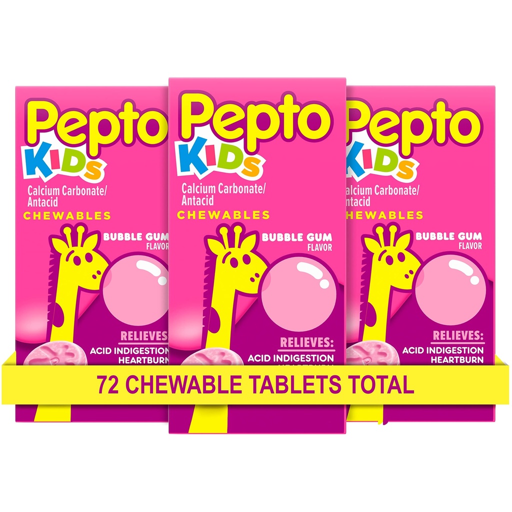 Pepto Kid 's Chewable Tablets for Heartburn, Syre fordøjelsesbesvær, Sour Mave, og Opsat Mave, Bubblegum Flavor, 72 Total (3 pakker af 24)