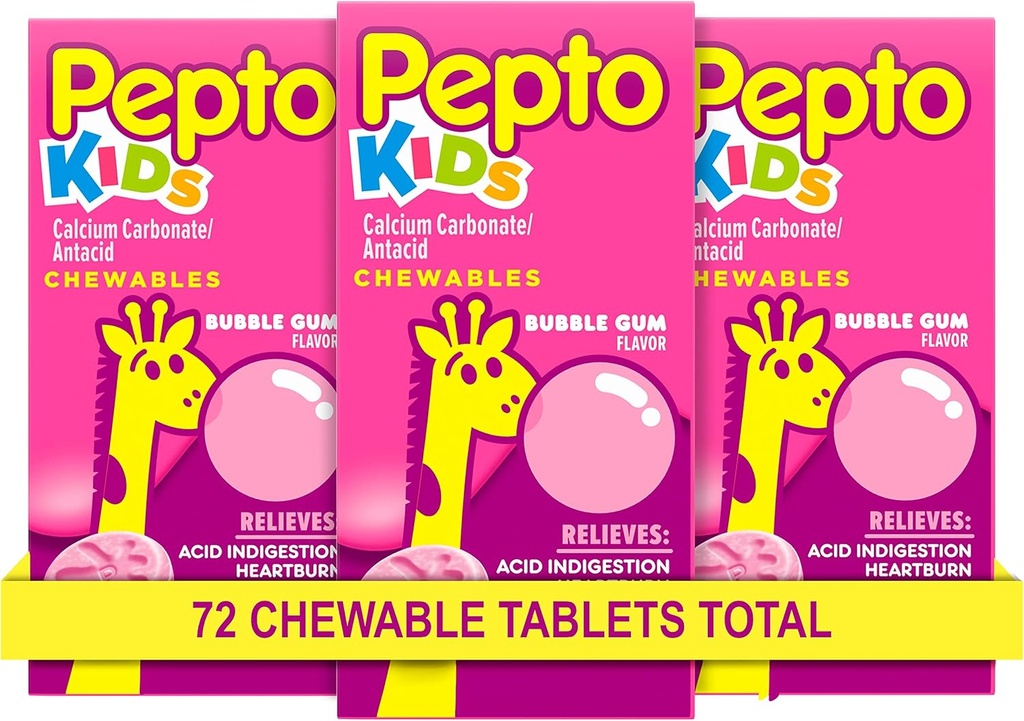 Pepto Kid 's Chewable Tablets for Heartburn, Syre fordøjelsesbesvær, Sour Mave, og Opsat Mave, Bubblegum Flavor, 72 Total (3 pakker af 24)