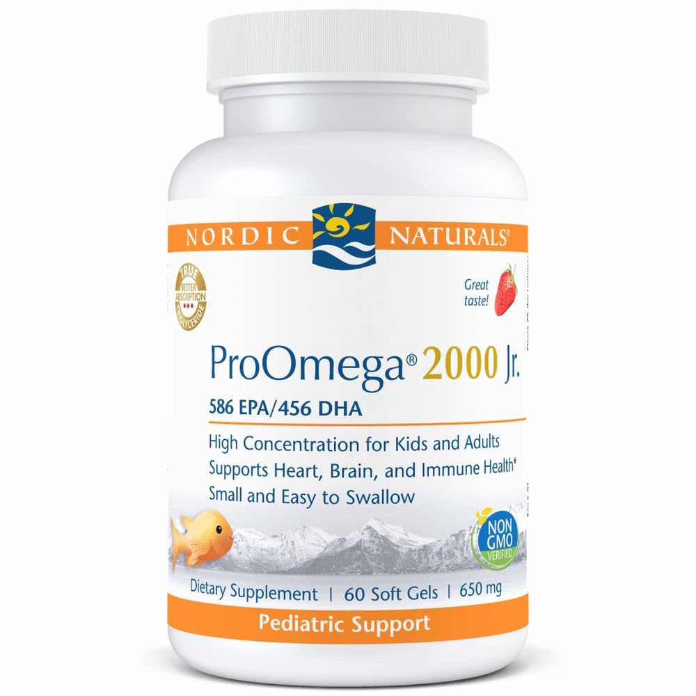 Nordic Naturals ProOmega 2000 Jr., Strawberry Flavor - 60 Soft Gels - 1120 mg Omega-3 - Ultra Potent Fish Oil - EPA & DHA - fremmer hjerne, hjerte, og immunforsvar - non-GMO - 30 Serveringer