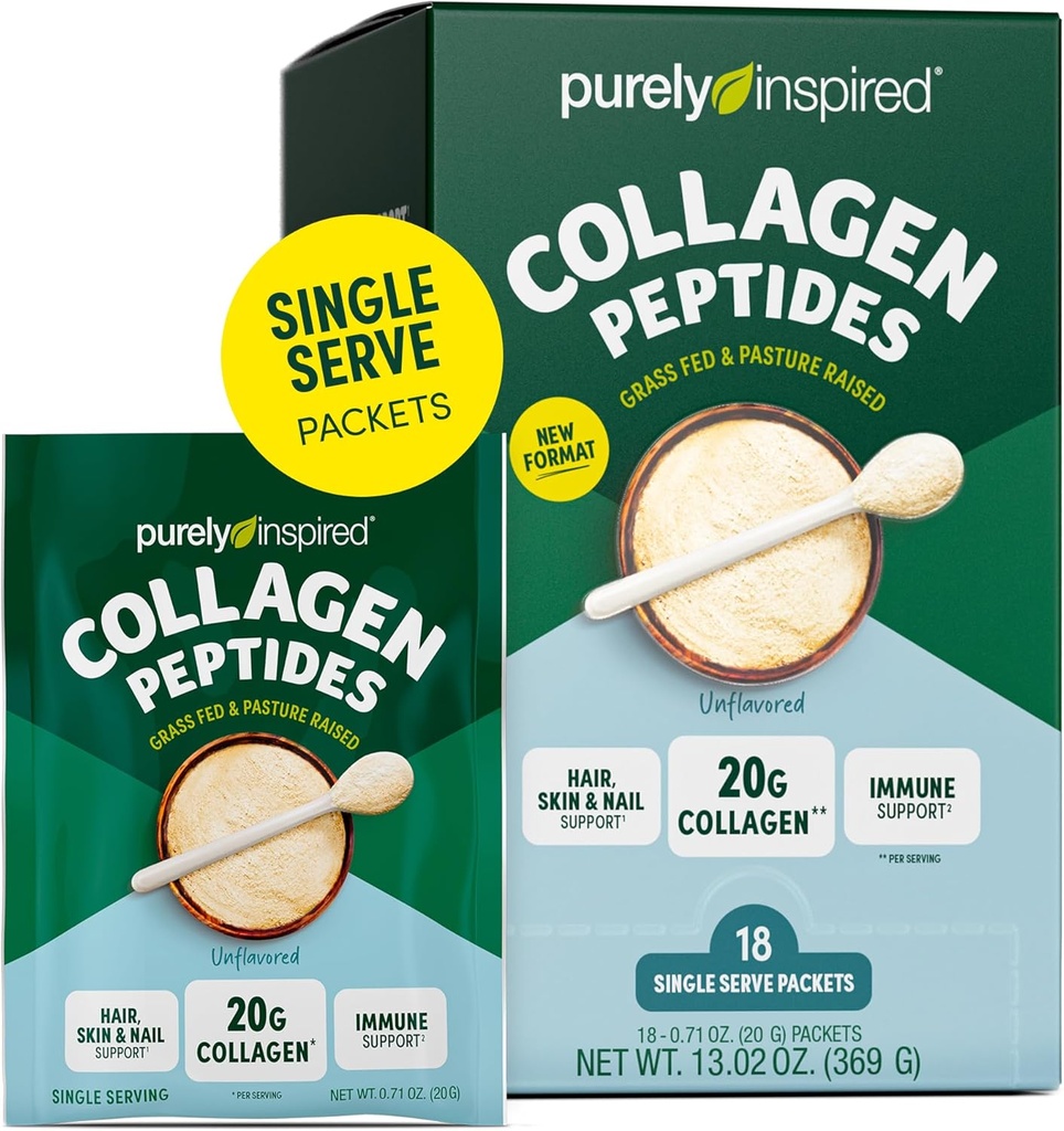 Rene Inspireret Collagen Powder, 18 Single Serve Packets, Unflavored - 20g Collagen Peptider Protein Powder for kvinder & mænd - Grass-Fed & Pasture Raised - Gluten- Free, Paleo & Keto- Friendly