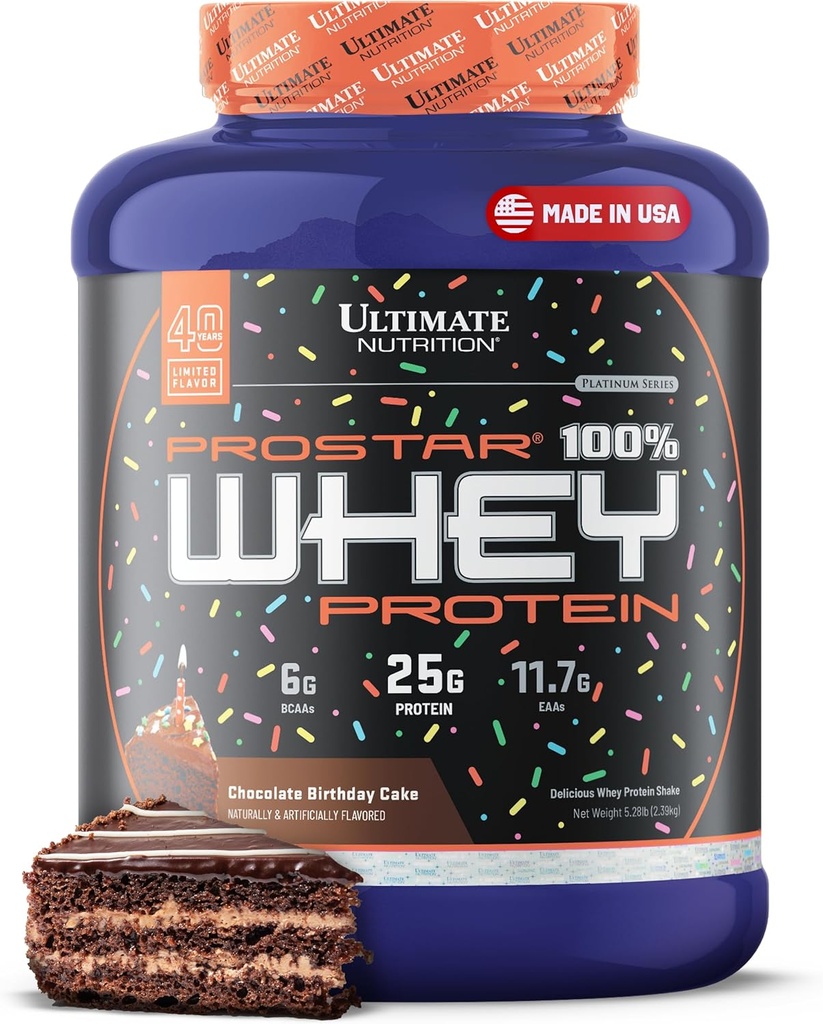 Ultimate Nutrition Prostar Whey Protein Powder Isolate, Chokolade Fødselsdagskage - Lav Carb, High Protein Powder Shake for Muscle Gain & Recovery - Lavt natrium, Low- Fat & Keto Friendly - 5.28 lbs Tub