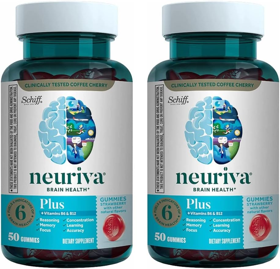 NEURIVA Plus Brain Supplement for hukommelse, fokus og koncentration + kognitiv funktion med Nootropics Phosphatidylserin og Neurofaktor, VIT B6 & B12, Strawberry Flavor, 50 gummies (2 Pack)