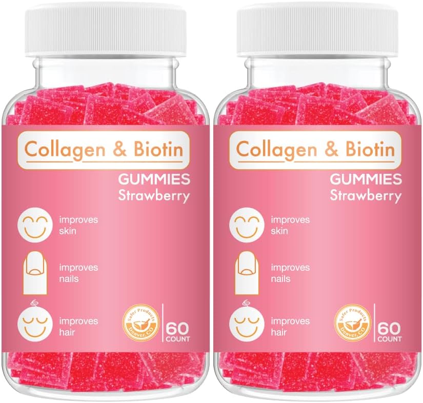 Collagen Biotin Gummies - Understøtter hår, hud & negle hårvækst Anti-aging Care Chewable Gummy Vitaminer, Vegan, non-GMO, Gluten Free, Gelatine Strawberry Flavor 120 Greve, Pink