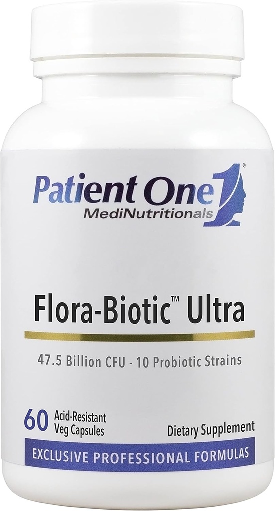 Patient 1 Flora- Biotic Ultra • 124; Probiotisk supplement til støtte Balanceret Intestinal Flora * • 124; 47,5 Billion CFU Plus 10 Probiotiske Strops • 124; 60 Kapsler