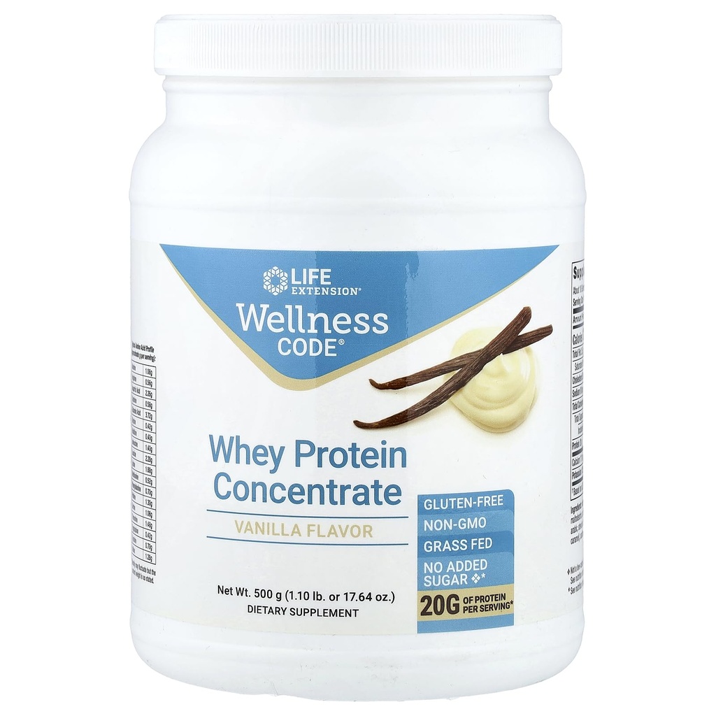 Life Extension Wellness Code Whey Protein Koncentrat 20g muskelvækst & immunforsvar - Sourced From Grass-Fed, Free- Range, Hormone- Free Cows, Non- GMO, Ingen tilsat sukker, Vanilla - 500g