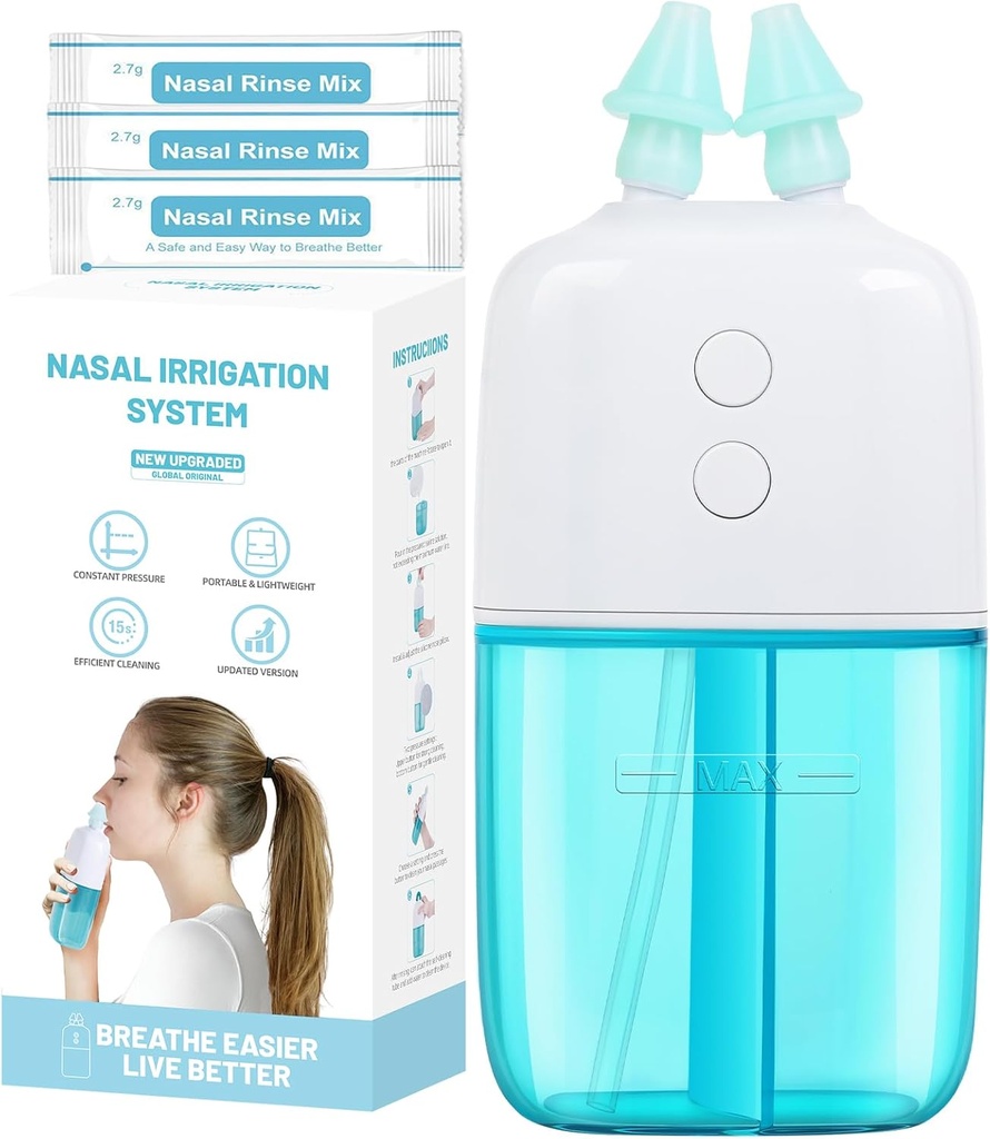 Nasal kunstvanding System med 30 Saline Packets - Dobbelt hastighed og Auto Affaldsindsamling - Bærbar og rejsevenlig Nasal Irrigator - Nasal Cleaner til Sinus Relief Nasal Rinse Machine