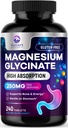 Magnesium Glycinate Supplement - 100% Chelated & Purified - for Calm, Sleep Support, Heart Health, Muscles & Bone Strength - Best Absorption Magnesium Glycinate Capsules, Bottled in USA - 240 Tablets