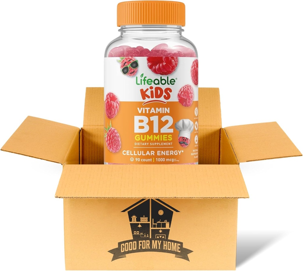 Vitamin B12 Gummies Bundle. Inkluderer en flaske 90 ct Lifeable Kids Vitamin B12 Gummies. Kosttilskud, Gluten Free, Non Gmo, og Chewable B12 Vitamin Gummies. Kommer med en Good For My Home Box!