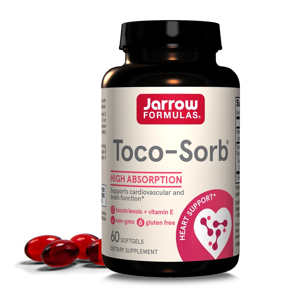 Jarrow Formulas ® Toco- Sorb Kardiovaskulær sundhed og hjernefunktion Support, High Absorption Formel, Tocotrienol- Tocopherol Complex og E-vitamin, 60 Softgels, 30 dages forsyning