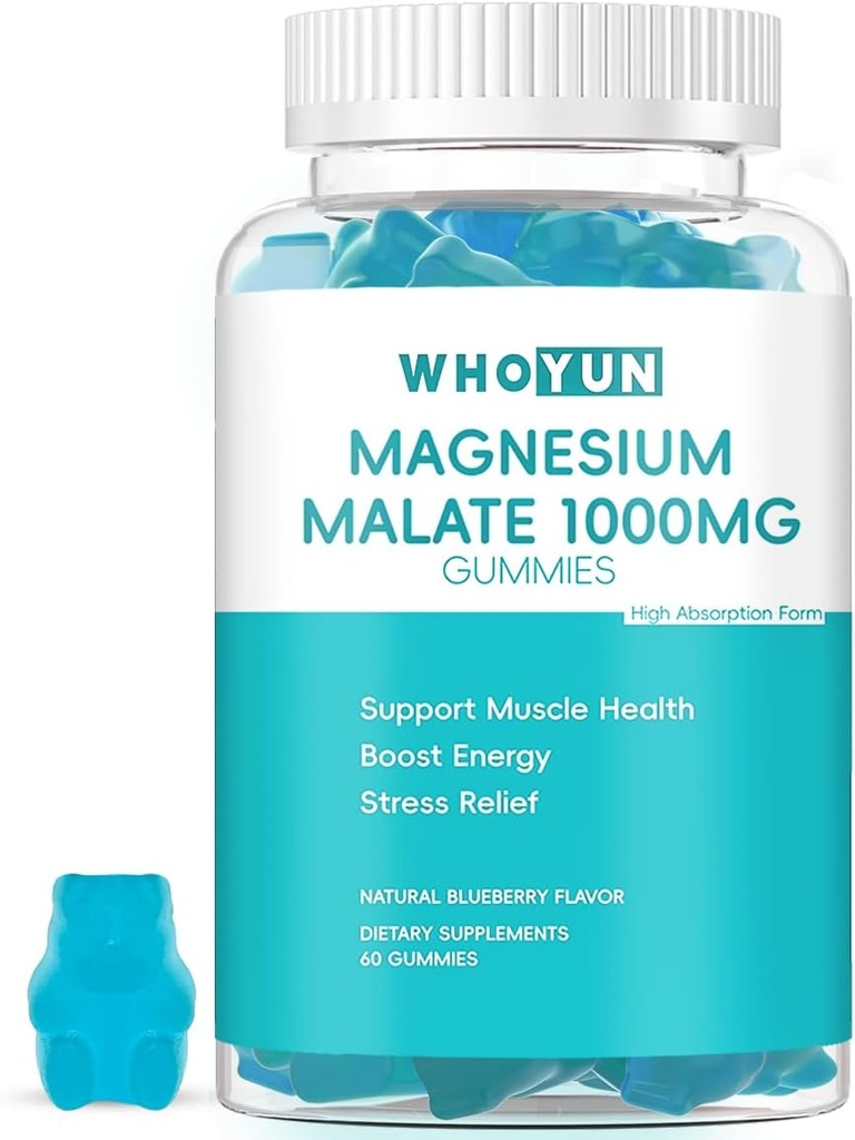 Magnesium Malat Gummies 1000mg, Forbedret Absorption Magnesium tyggetabletter Supplement med Malic Acid for Energy Boost & Muscle Health, 60 Tæl