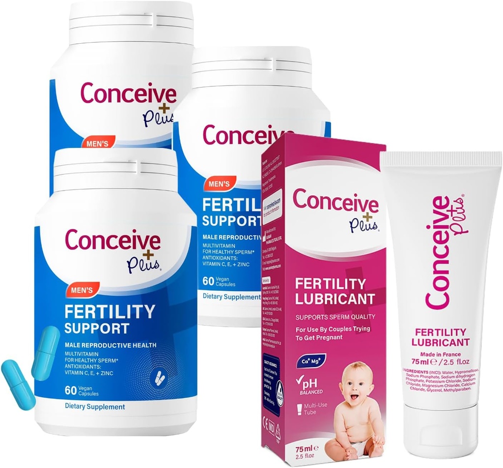 CONCEIVE PLUS Herre Fertilitet Bundle Budddle 124; 3 Måneders levering Fertilitet Vitamin Kosttilskud til mænd 3 x 60 Grev og Fertilitet Smøremiddel 2,5 Ounce