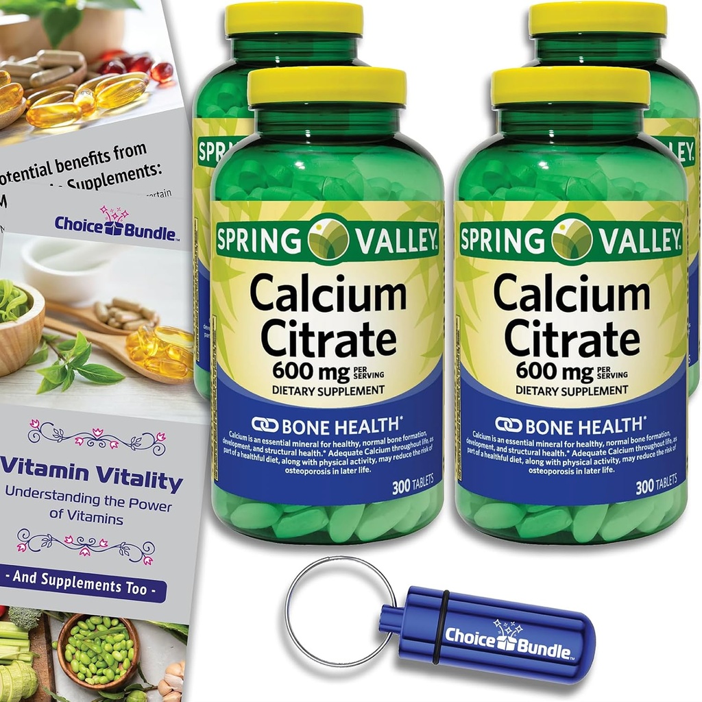 Spring Valley Calcium citrat tabletter Kosttilskud 600 mg 300 Ct 4 stk Choice Bundle (1200 i alt) + Vitamin Guide & Pill Container (6 genstande)!