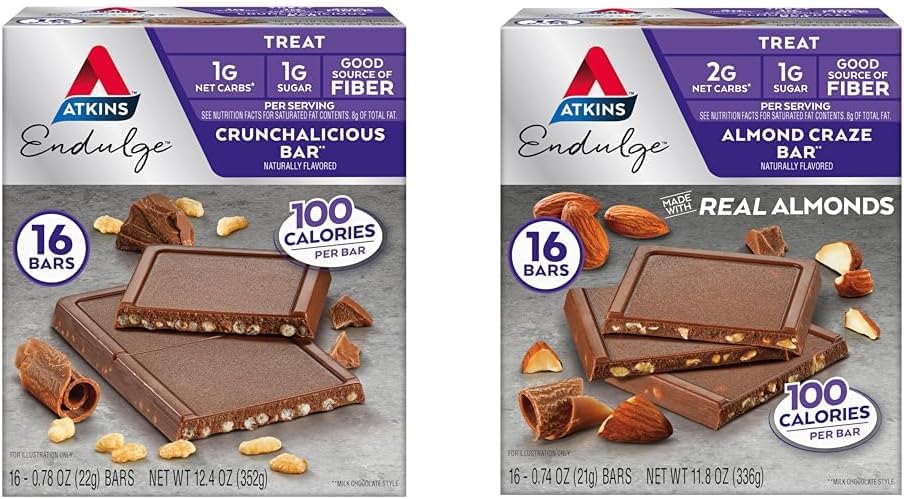 Atkins Endulge Treat Bars, Crunchalicious & Mandel Craze Flavors, 1-2g Net Carbs, 1g Sukker, God Fiber Kilde, Keto Friendly, 16 Greve