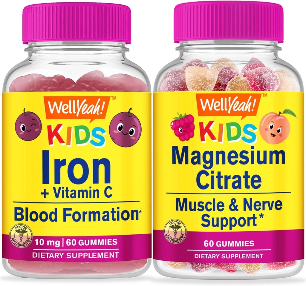WellYe Iron + C-vitamin Kids + Magnesium Citrate Kids, Gummies Bundle - Great Tasting, Vitamin Supplement, Gluten Free, GMO Free, Chewable Gummy