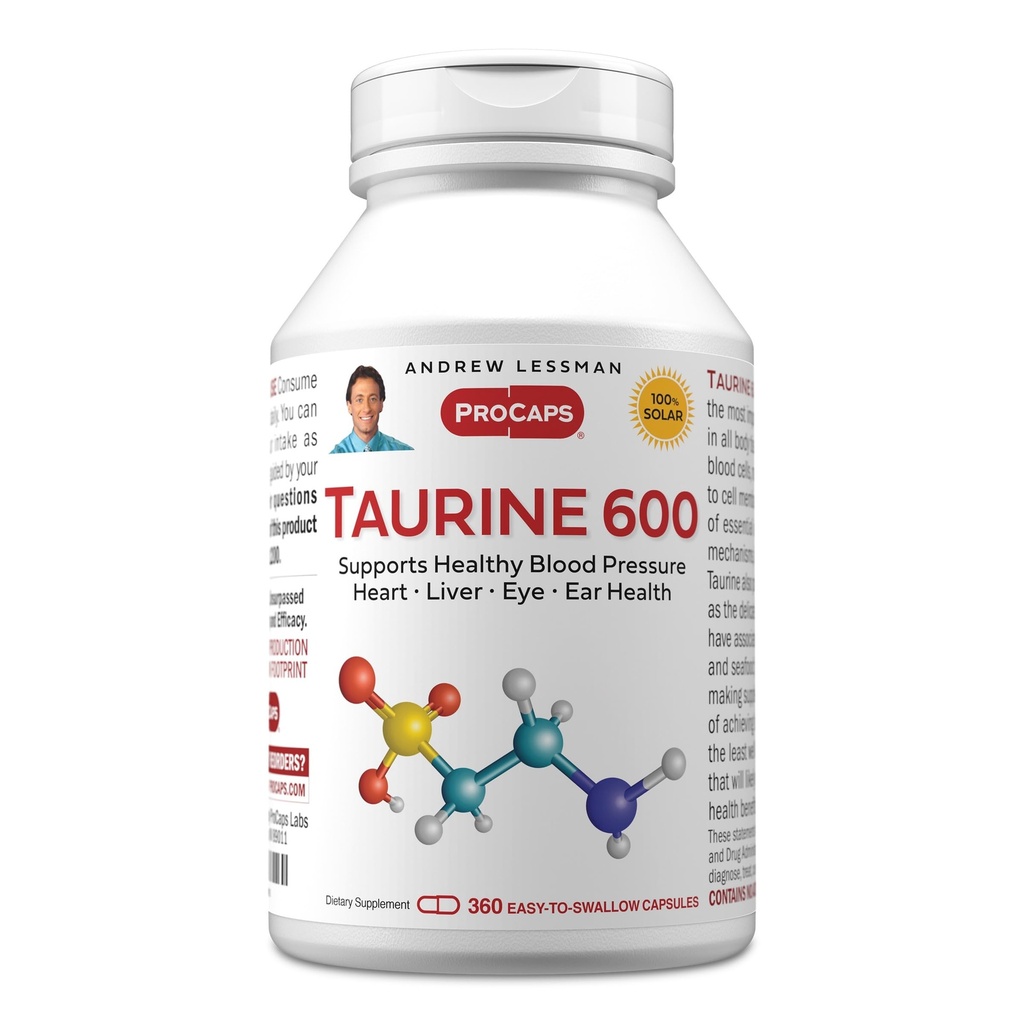 ANDREW LESSMAN Taurine 600- 360 kapsler - understøtter sundt blodtryk, hjerte, lever, øje og øre sundhed. Ren, høj potens kilde til Aminosyren Taurine. Ingen tilsætningsstoffer