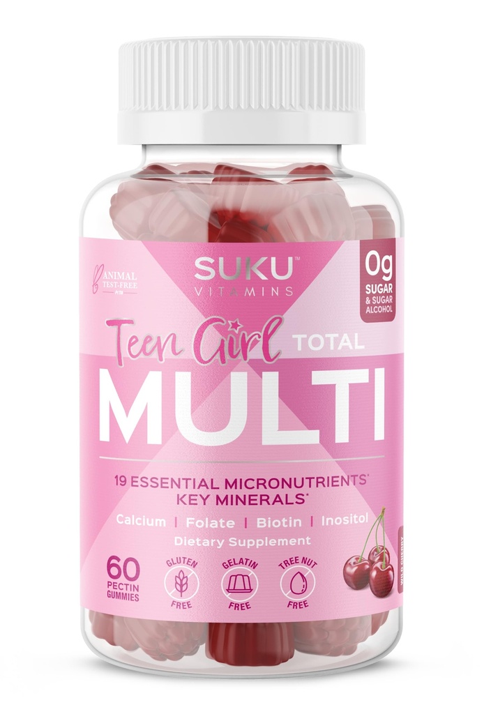 SUKU Teen Girl Multivitamin Gummies - Vitaminer A, B12, C, D3, E, Biotin & Zink - Sukkerfri Vegetarisk supplement til hud, energi, immunforsvar og bensundhed - Cherry Flavor - 60 Greve